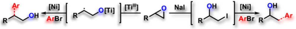 TOC graphic for "Nickel-catalyzed regiodivergent opening of epoxides with aryl halides: co-catalysis controls regioselectivity"