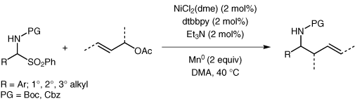 TOC graphic for "Nickel-Catalyzed Allylation of α-Amido Sulfones to Form Protected Homoallylic Amines"
