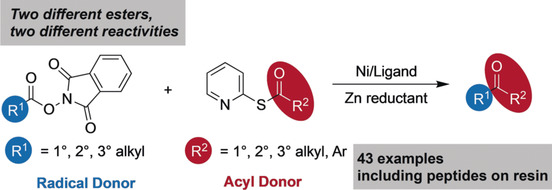 TOC graphic for "Ketones from Nickel-Catalyzed Decarboxylative, Non-Symmetric Cross-Electrophile Coupling of Carboxylic Acid Esters"