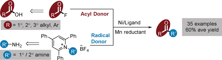 TOC graphic for "Nickel‐Catalyzed Synthesis of Dialkyl Ketones from the Coupling of N‐Alkyl Pyridinium Salts with Activated Carboxylic Acids"