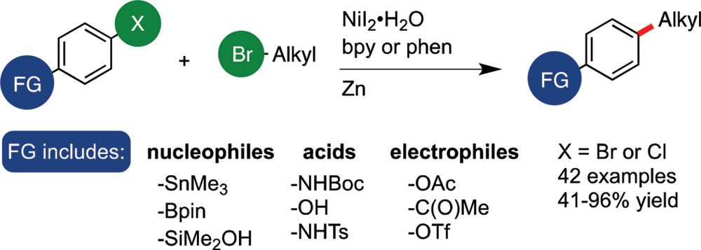 TOC graphic for "Replacing conventional carbon nucleophiles with electrophiles: nickel-catalyzed reductive alkylation of aryl bromides and chlorides"