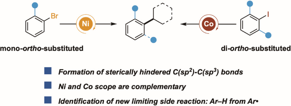 TOC graphic for "Cross-Electrophile Coupling to Form Sterically Hindered C(sp2)–C(sp3) Bonds: Ni and Co Afford Complementary Reactivity"